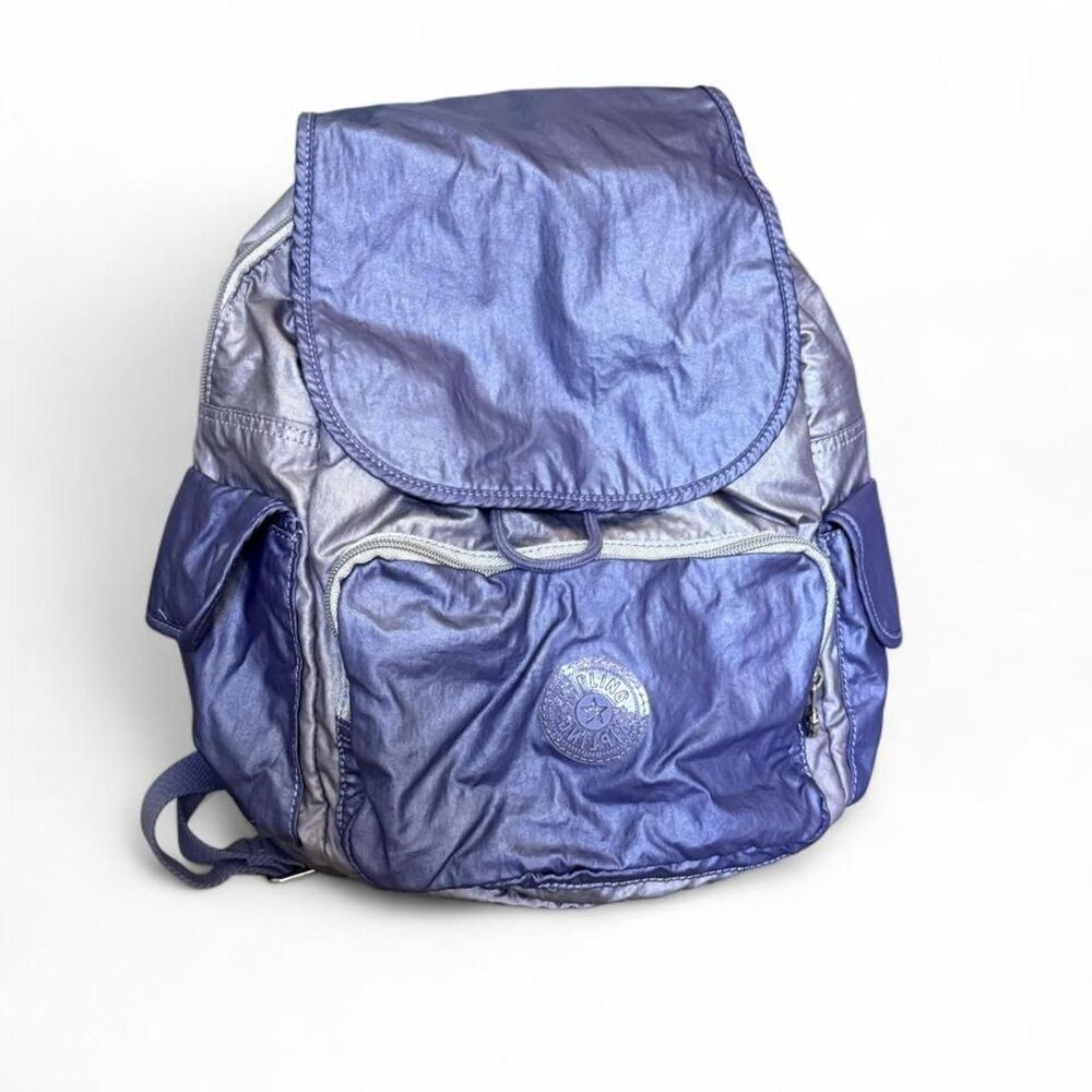 Kipling Metallic Purple Backpack Nylon Drawstring Flap Multi Pocket Bag